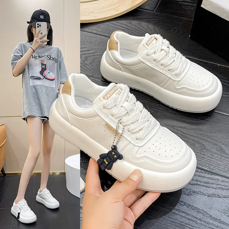 网红卡通时尚休闲小白鞋女2023年韩版新款圆头浅口百搭系带女鞋潮