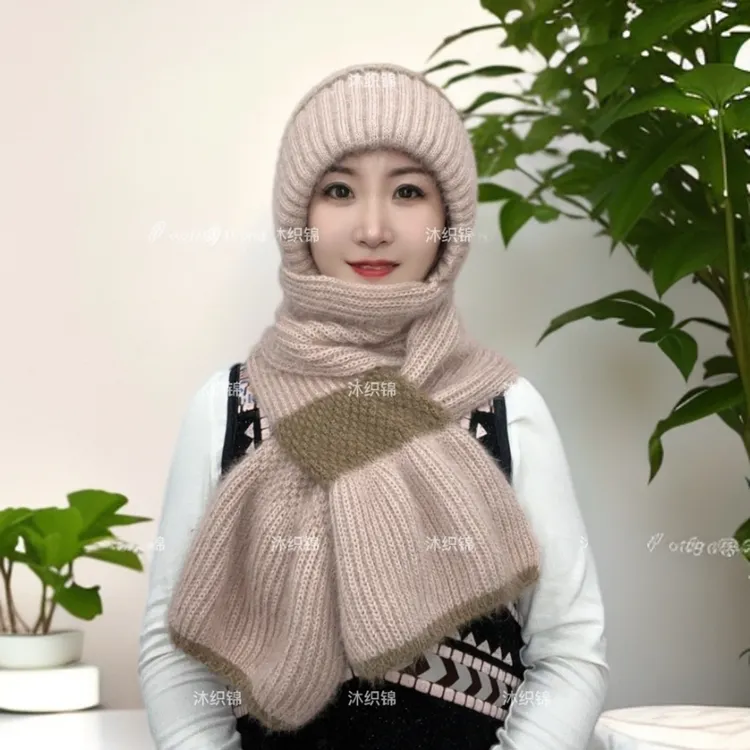 新款冬季女士保暖帽子加绒加厚风雪帽围巾一体帽子冬季保暖拼色