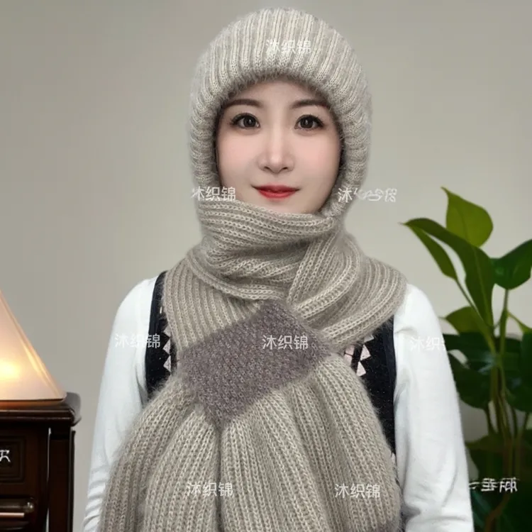 新款冬季加绒加厚老钱风雪帽子围巾一体三合一保暖拼色帽子