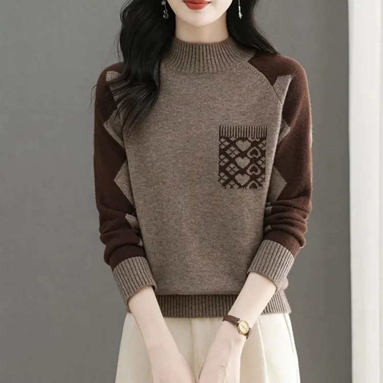 秋冬新款半高领爱心提花撞色时尚洋气套头宽松针织打底羊毛衫H168