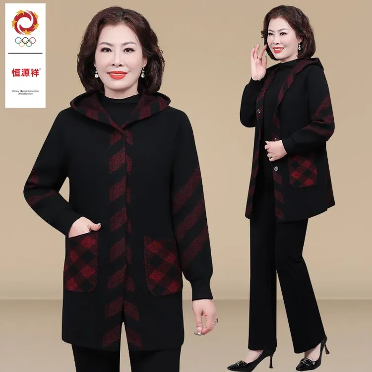 恒源祥彩羊妈妈秋装毛呢外套中长款2023新款中年女士春秋洋气衣服