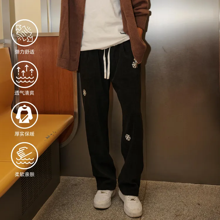 WABRAVE雪花长裤灯芯绒秋冬运动休闲刺绣380克宽松直筒跑步