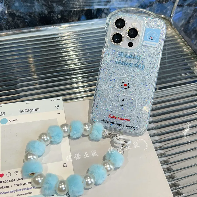 【适用苹果】iPhone16/15Pm防摔大孔滴胶细闪圣诞雪人绒手链手机壳