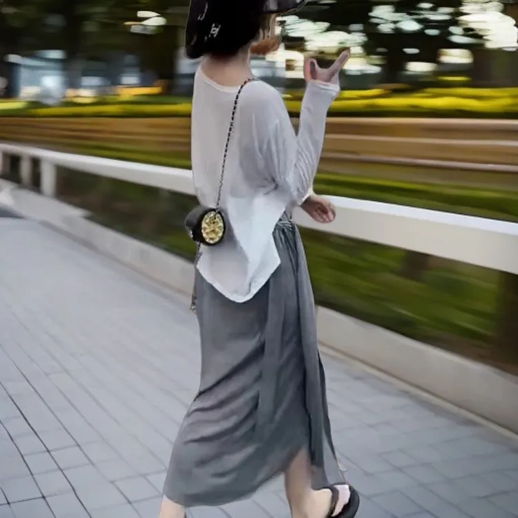 夏季时尚慵懒风套装一片式灰色莫代尔棉半身裙搭薄款防晒衫两件套