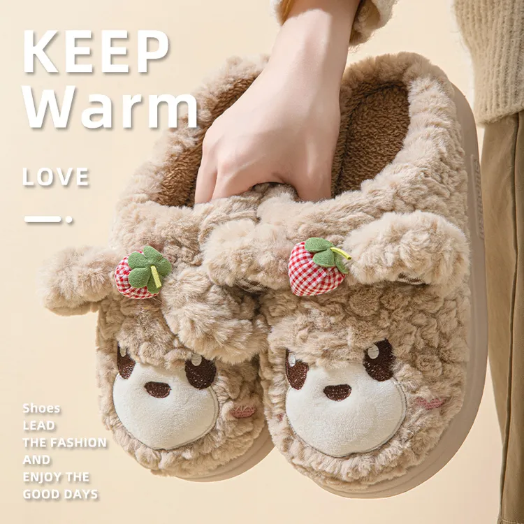 2024新款草莓熊棉拖鞋女秋冬季室内家居保暖厚底卡通情侣棉拖男冬