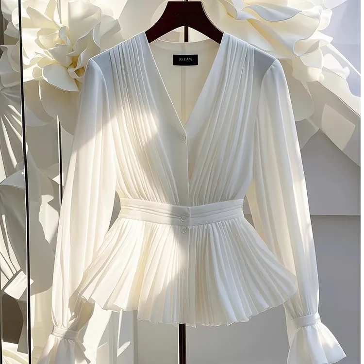 夏季气质v领长袖洋气衬衫女新款轻奢法式小众独特漂亮小衫上衣...