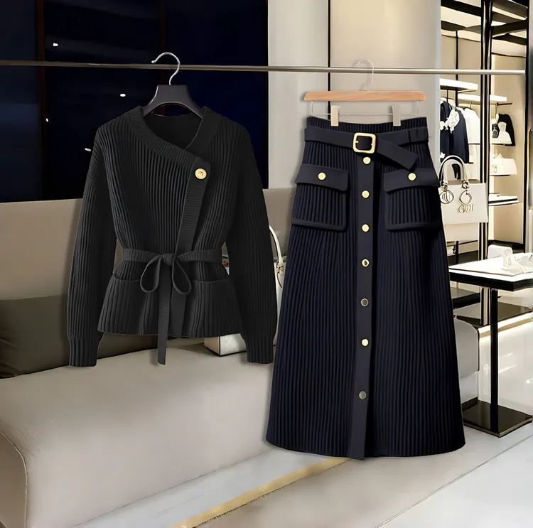 夏装2025秋冬季韩系小众感裙子针织上衣通勤风显瘦黑色半身裙套装