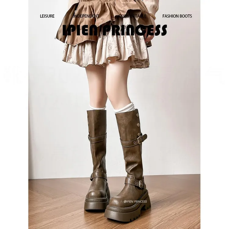 美拉德棕色长筒靴女2025秋冬新款英伦风骑士靴小个子不过膝高筒靴