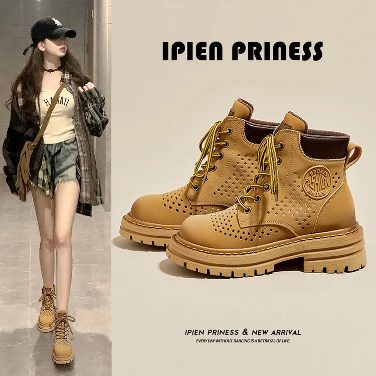 时尚百搭镂空马丁靴2025夏季厚底透气英伦风大黄靴中帮户外工装靴