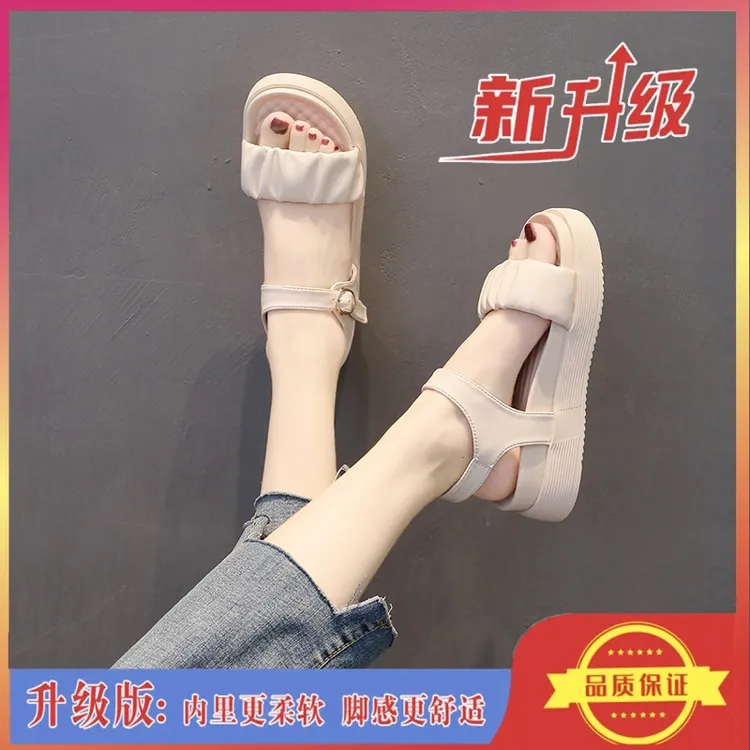 凉鞋女爆款2024年夏季新款百搭厚底仙女风一字扣松糕软底休闲女鞋