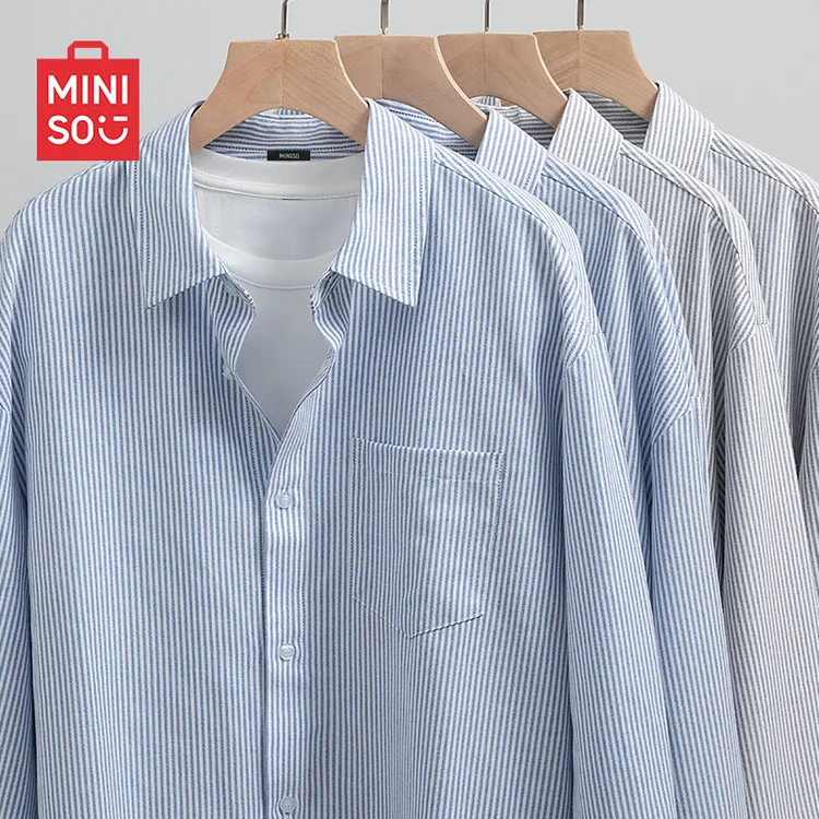 MINISO名创优品蓝色条纹衬衫男士秋季原创长袖重磅牛津纺翻领寸衣