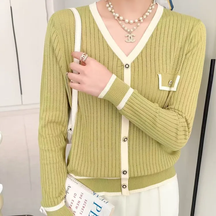 2024新秋款小香风简约假开衫V领气质长袖针织上衣