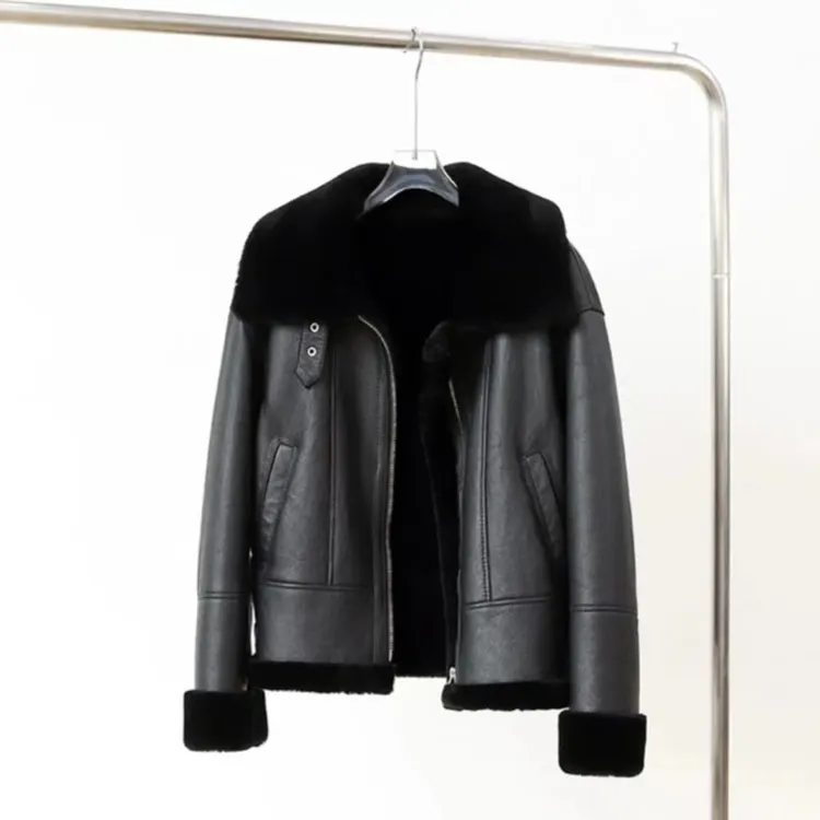 美利奴皮毛一体原生态绵羊皮女装外套冬季新款时尚女士黑色