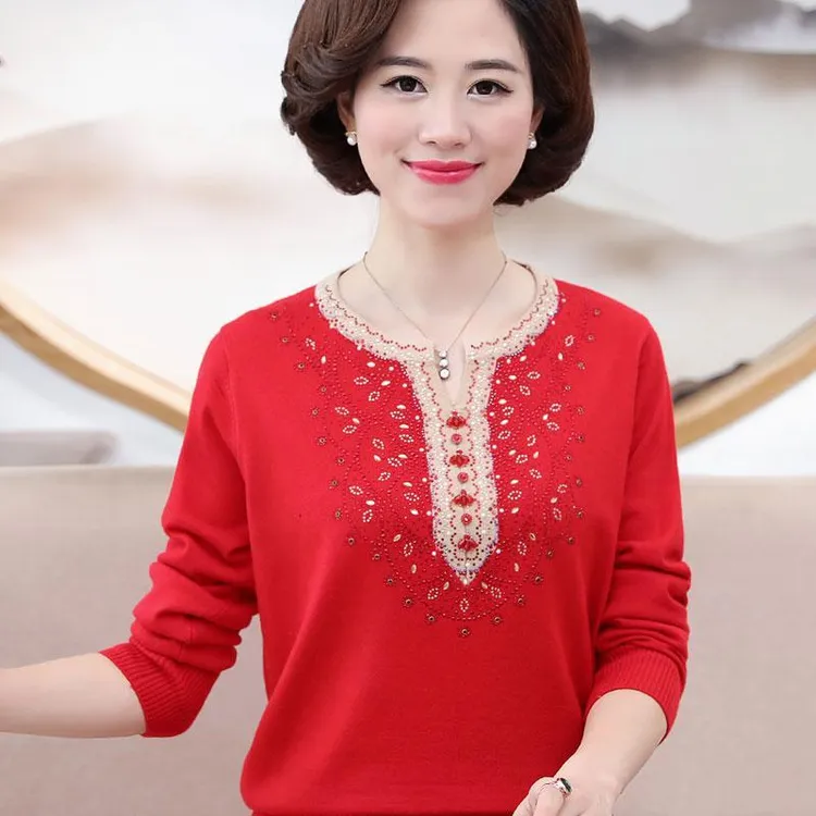 本命年红色毛衣女中老年春装针织打底衫加肥加大妈妈装短款羊毛衫