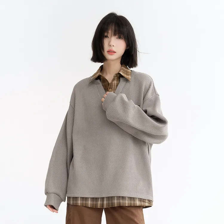 万有引力博物馆 假两件衬衫领卫衣女春秋款宽松学院风早秋上衣