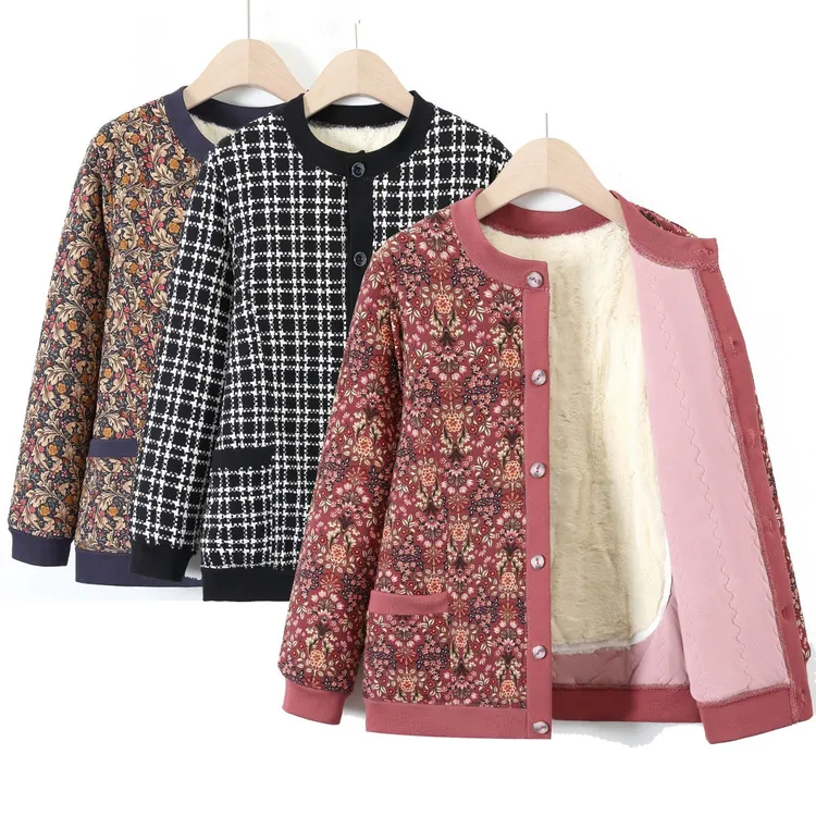 奶奶装冬季保暖夹棉开衫加绒加厚小棉衣女外套中老年人花棉袄洋气