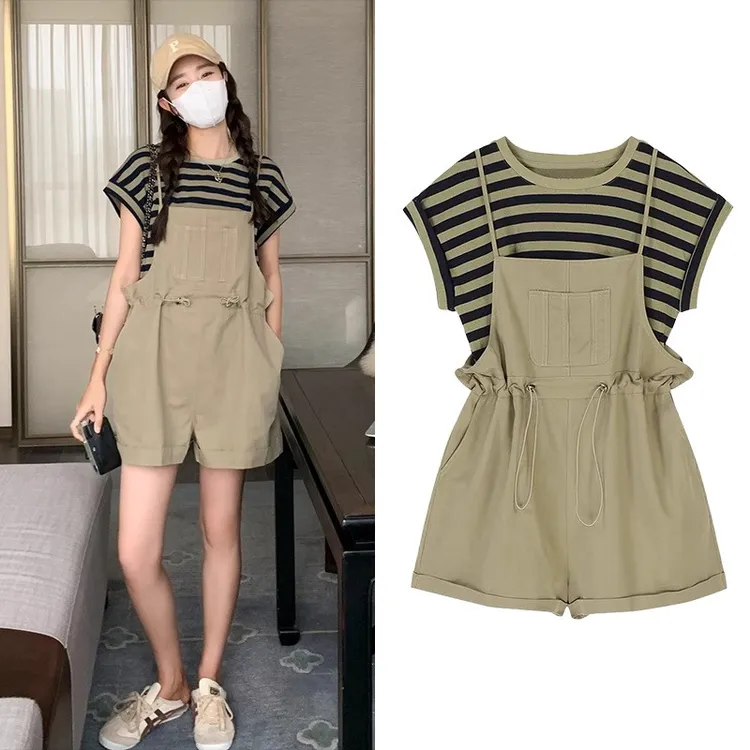 孕妇裤条纹棉套装吊带孕妇短裤夏季小个子洋气减龄宽松薄款外穿