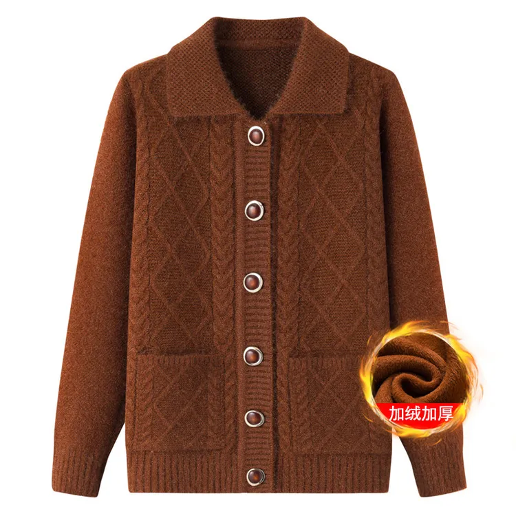 老年人秋冬外套女奶奶装加厚翻领妈妈装针织衫开衫中老年毛衣春8