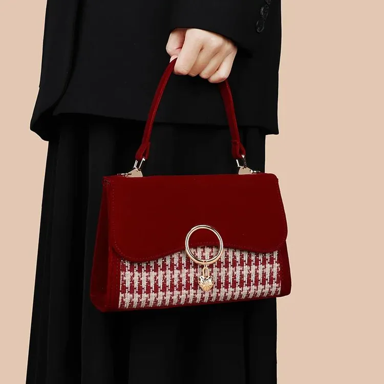 千鸟格红色包包高级感婚包女新娘大气轻奢斜挎手提包秀禾服结婚包