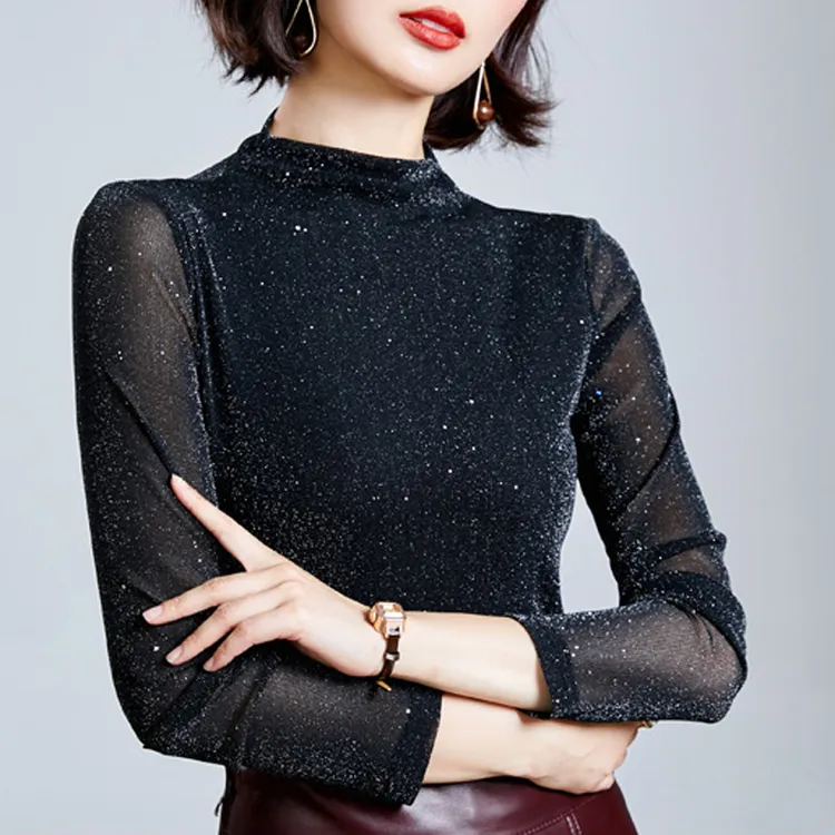 打底衫女2025秋季新款半高领显瘦内搭亮丝网纱上衣黑色长袖T恤衫