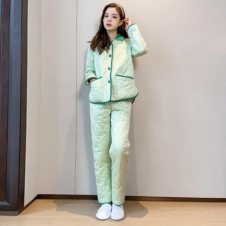 新款三层夹棉睡衣女冬加绒加厚套装翻领小香风气质外穿家居服