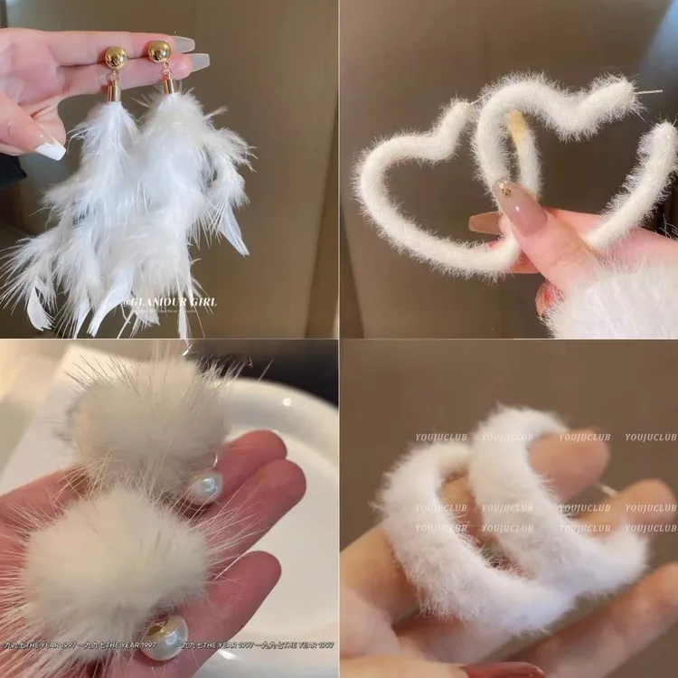 超仙白色羽毛高级感仙气耳环独特设计感夸张女神毛绒耳环秋冬