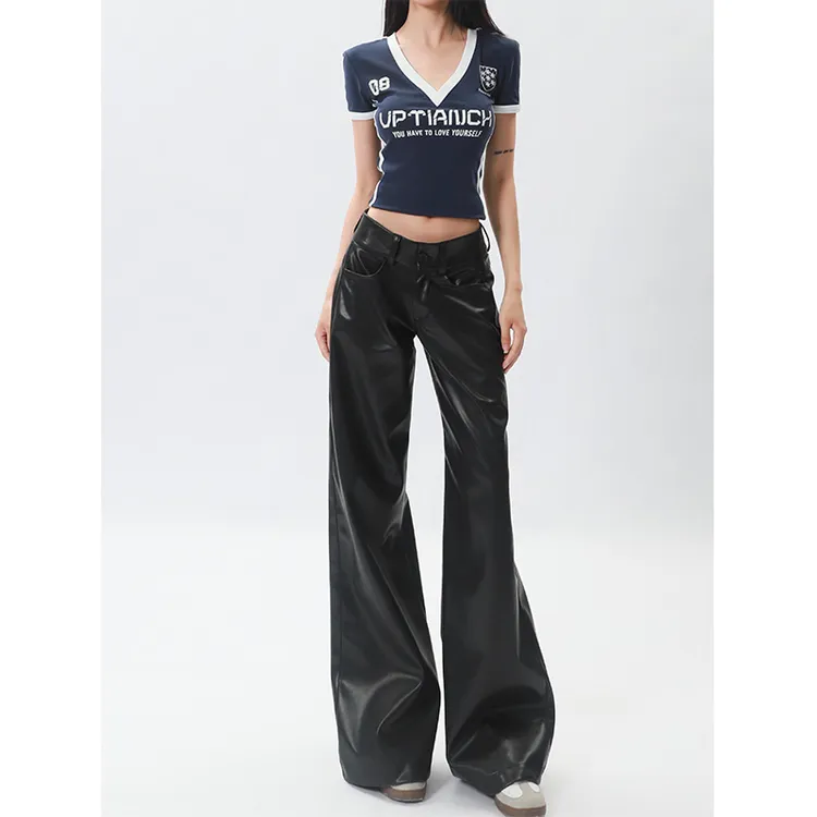 美式辣妹低腰皮裤女春季新款宽松直筒休闲阔腿裤百搭气质PU皮长裤