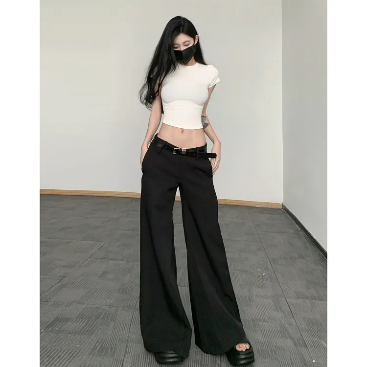 高个子小众黑色V型低腰休闲西裤女新款廓形显瘦微喇宽松阔腿长裤