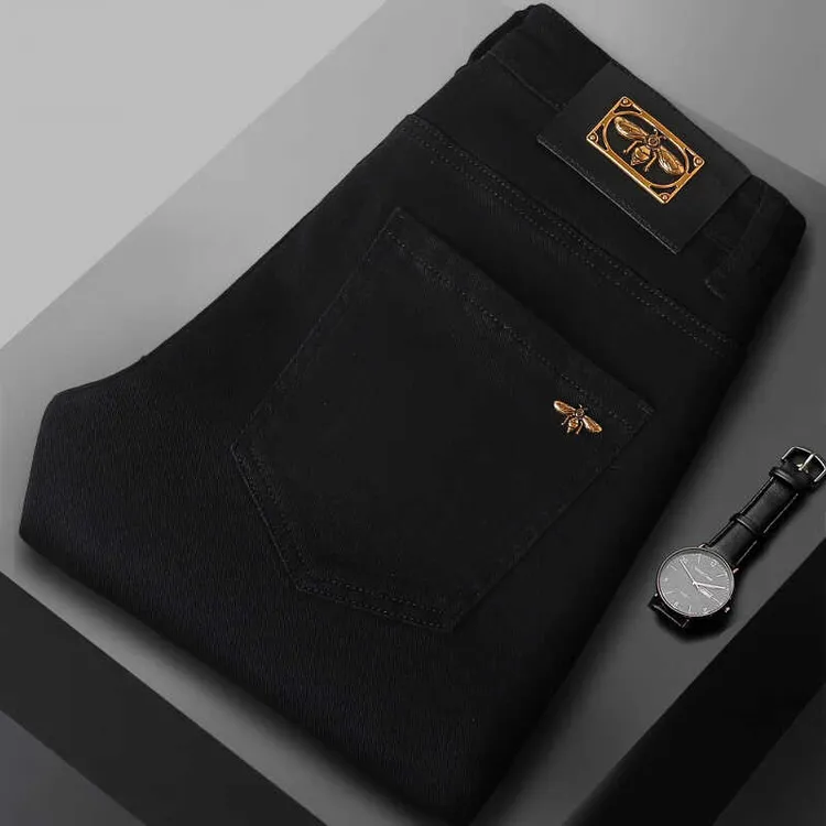 2025秋冬新款小蜜蜂高端欧货黑色牛仔裤男弹力修身小脚长裤时尚