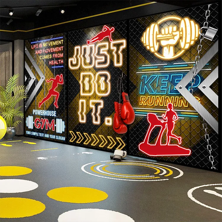 个性运动健身房装修墙纸创意工业风体育背景墙布3d立体科技感壁纸