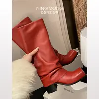 【6cm】小众款裤管靴女秋冬方头粗跟长靴时尚长筒靴不过膝轻奢女靴