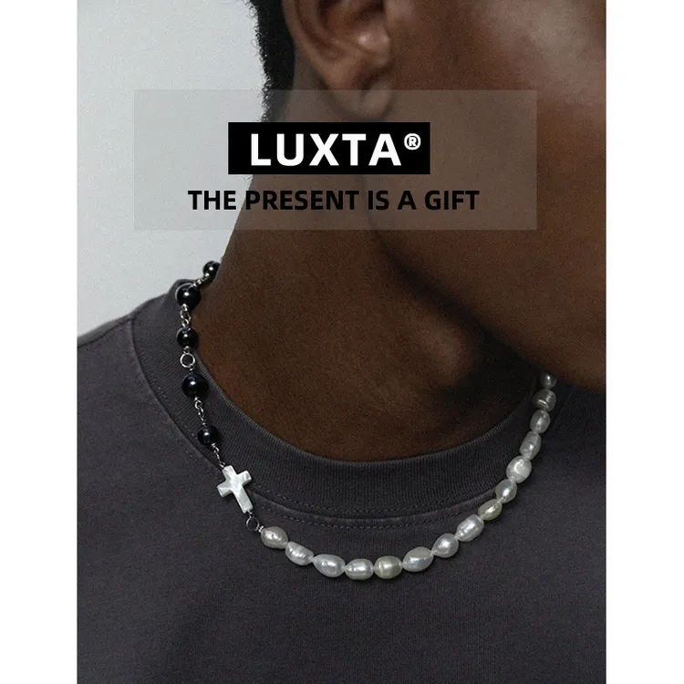 LUXTA 钛钢项链 原创珍珠拼接黑色虎眼石项链巴洛克异形珍珠母贝