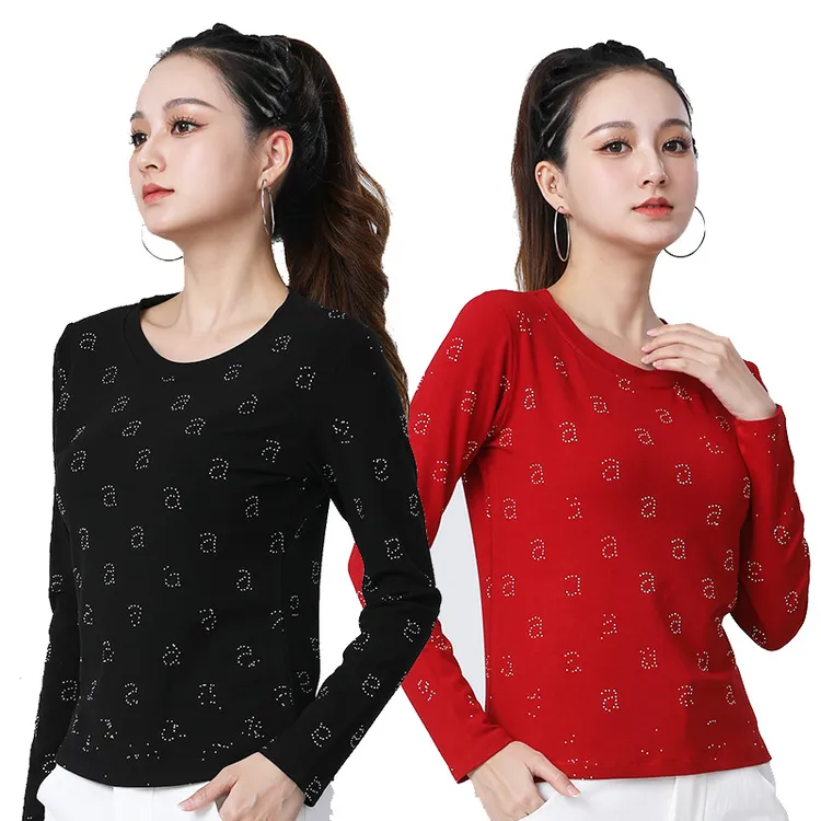 新款女士字母a钻烫印长袖T恤