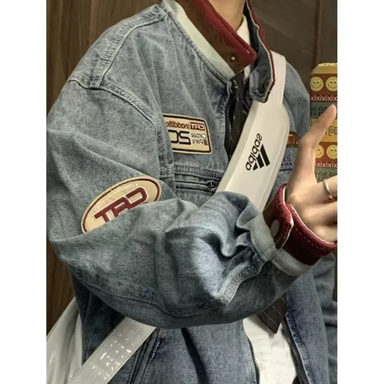 高街风复古撞色牛仔外套男生新款美式痞帅潮牌宽松立领棒球服夹克