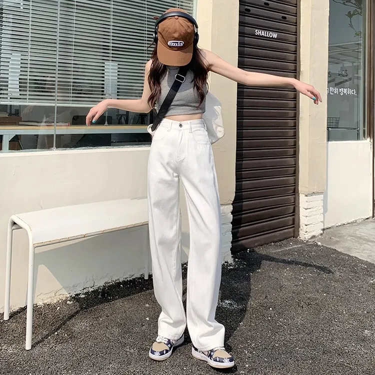 【木木夕】秋冬白色直筒牛仔裤小个子高腰显瘦宽松垂感拖地阔腿裤女