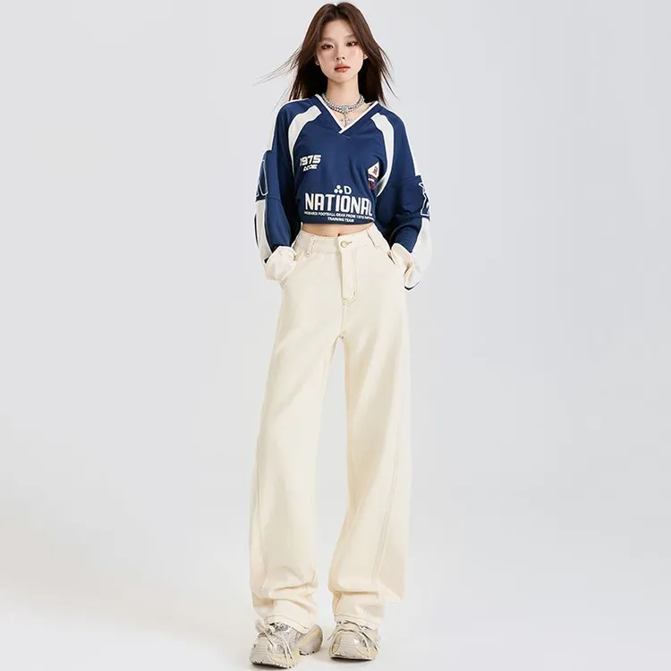 【木木夕】早秋宽松不掉色镰刀裤女时尚简约百搭垂感拖地阔腿牛仔裤