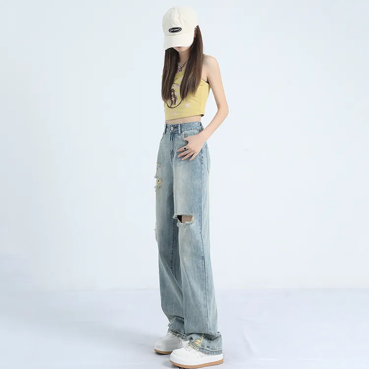 【木木夕】显瘦高腰阔腿裤2025年夏季宽松百搭破洞直筒拖地牛仔裤女