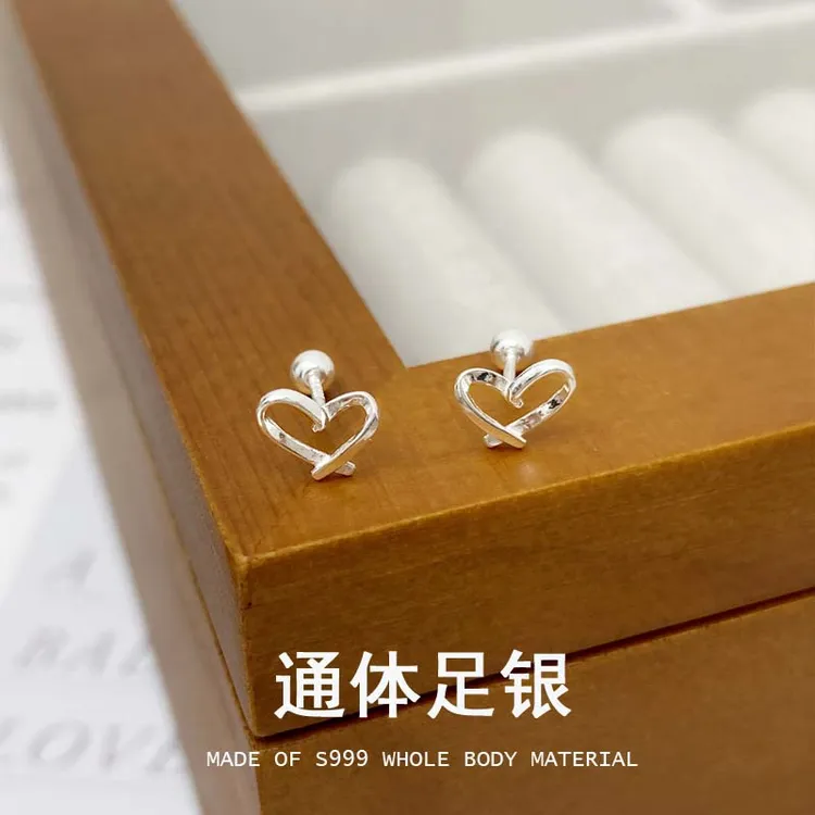 足银耳饰 S999足银爱心螺丝耳钉女百搭养耳洞纯银耳骨钉耳饰E87-1