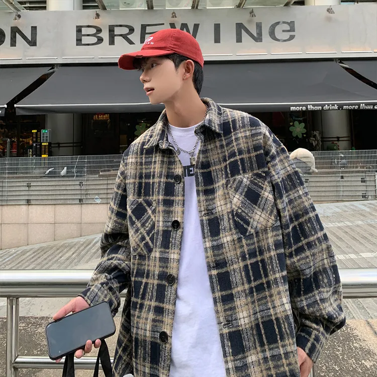 小香风格子加厚衬衫外套男港风ins情侣潮牌复古拼色休闲痞帅上衣