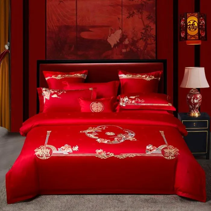 亲奈达新疆长绒棉结婚床上用品四件套高档全棉提花大红色绣花中式