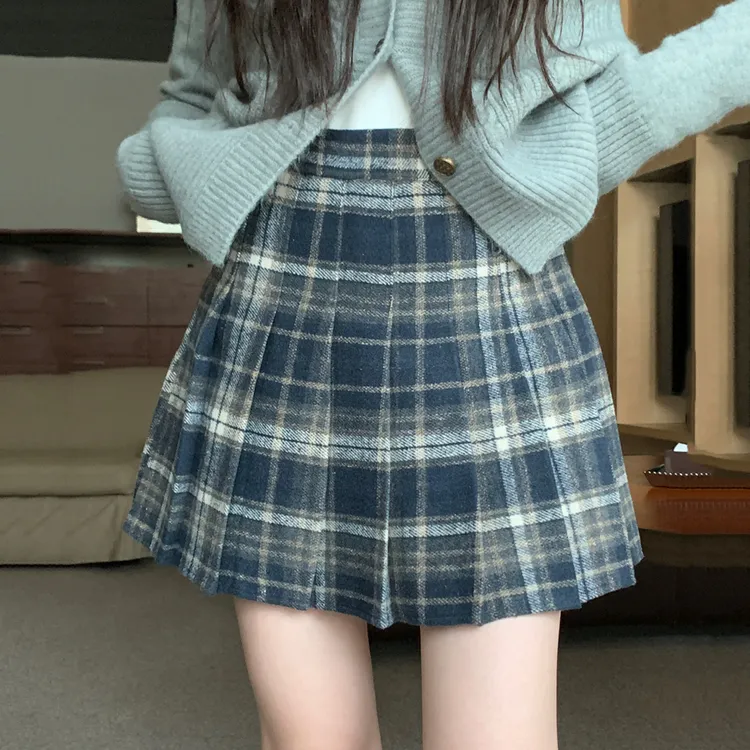 百褶裙短裙学院风2023春季复古美式毛呢格子半身裙高腰显瘦A字裙