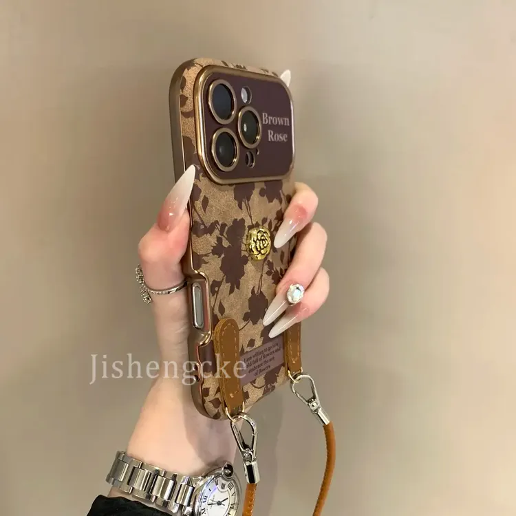 复古文艺棕色玫瑰花适用苹果16手机壳iPhone15ProMax高级14Pro女