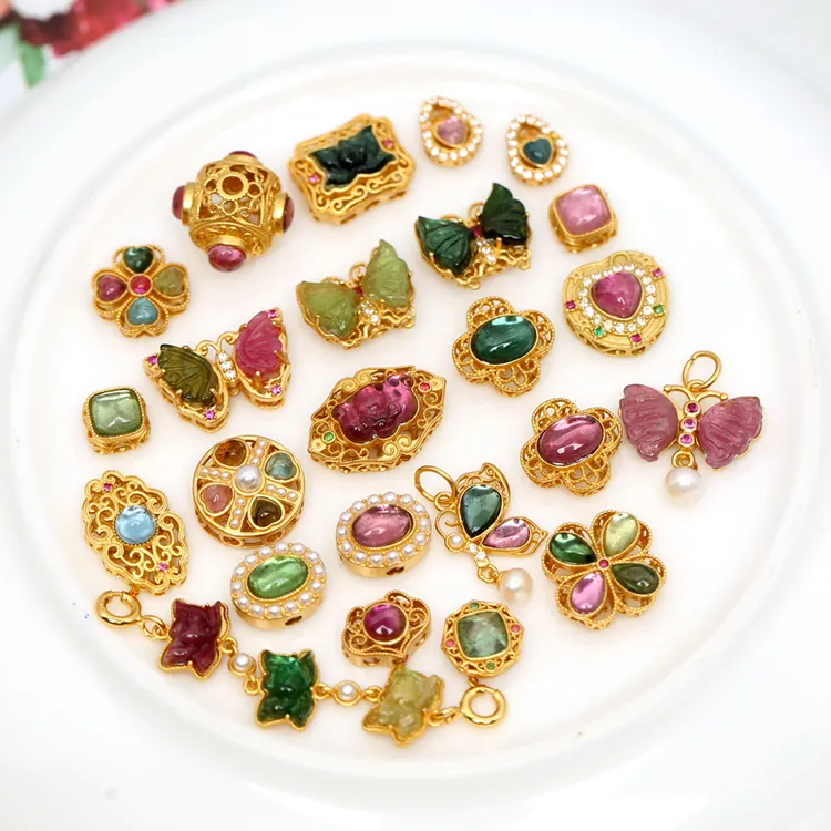 925银镀金镶嵌天然碧玺蝴蝶四叶草配件diy手链手串隔珠多样性发货