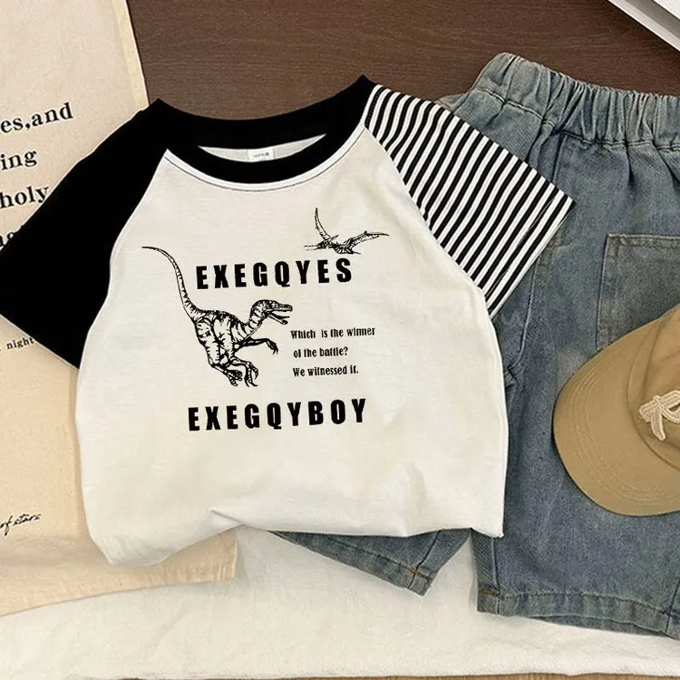 时尚恐龙印花上衣夏季儿童洋气短袖t恤白色洋气炸街百搭纯棉潮童