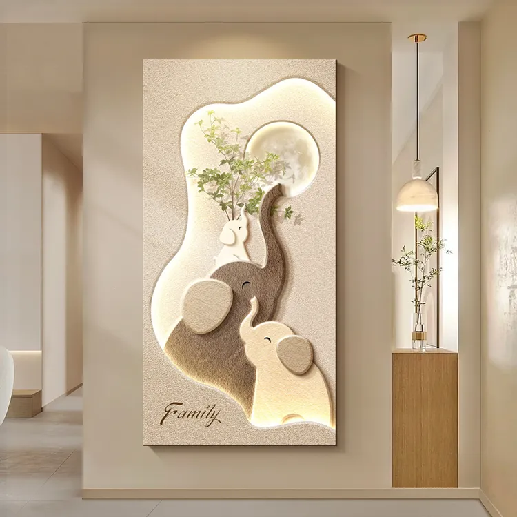 N35现代简约玄关装饰画竖版大象走廊过道奶油风挂画砂岩肌理壁画