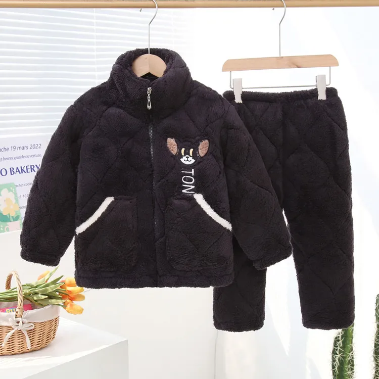 儿童睡衣新款冬季男童拉链三层夹棉加绒加厚男孩家居服可外穿