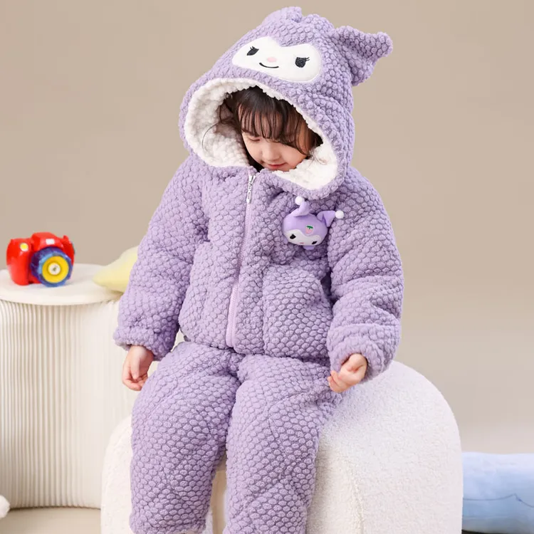 儿童睡衣新款冬季女童拉链三层夹棉加绒加厚公主女孩家居服可外穿