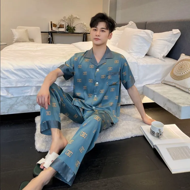 男款冰雪丝双D字母印花休闲家居服套装薄款睡衣夏天夏季男士春秋