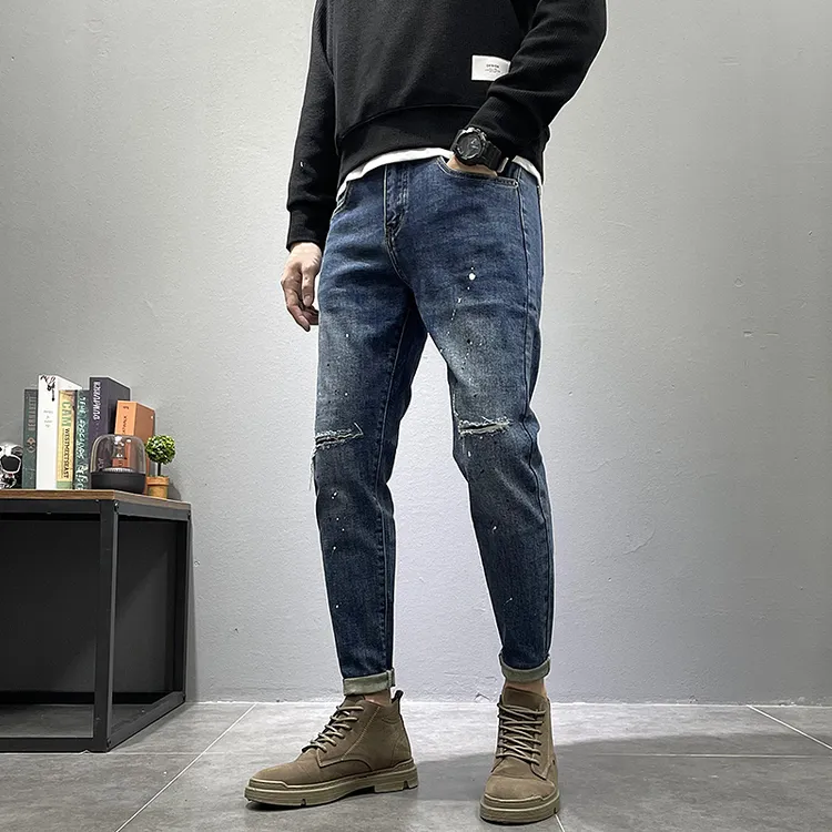 潮牌高端牛仔裤男款2024新款春秋季泼墨修身小脚破洞休闲九分裤潮