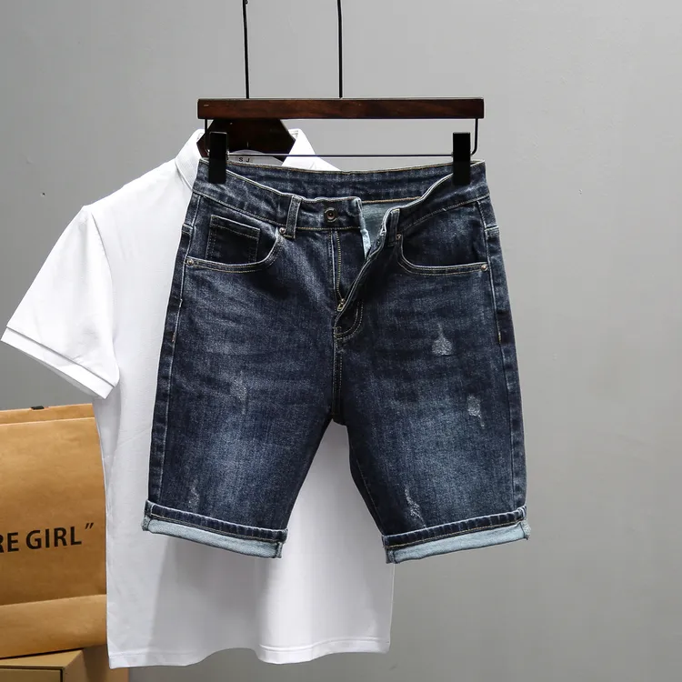 夏季新款深蓝色潮流牛仔短裤男潮牌ins修身弹力时尚简约五分裤子